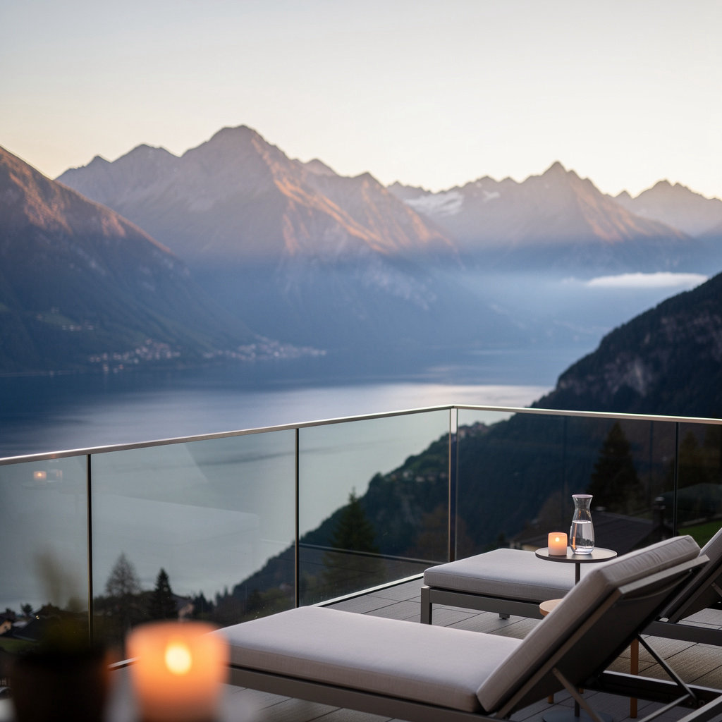 Le Grand Sommet luxury hotel exterior above Magadino, Ticino, with panoramic mountain views