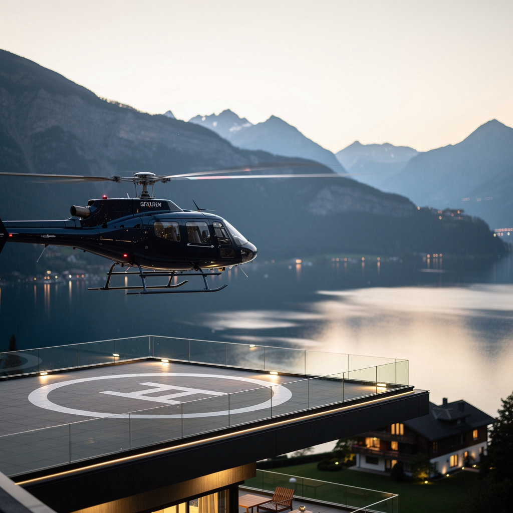 Le Grand Sommet guests arriving in style at the luxury mountain hotel in Magadino, Ticino, with a helicopter transfer above the peaks