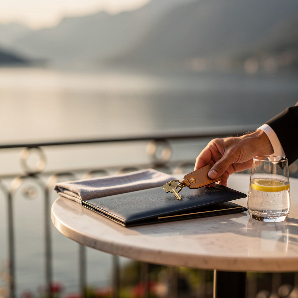 Le Grand Sommet hotel entrance and terrace in Magadino, Ticino, overlooking the mountains and lake