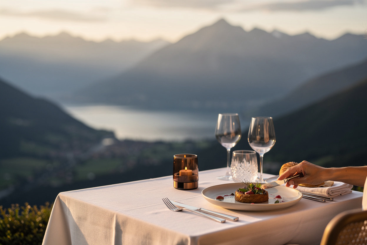 Le Grand Sommet fine dining table set with a mountain and lake view at golden hour in Magadino, Ticino