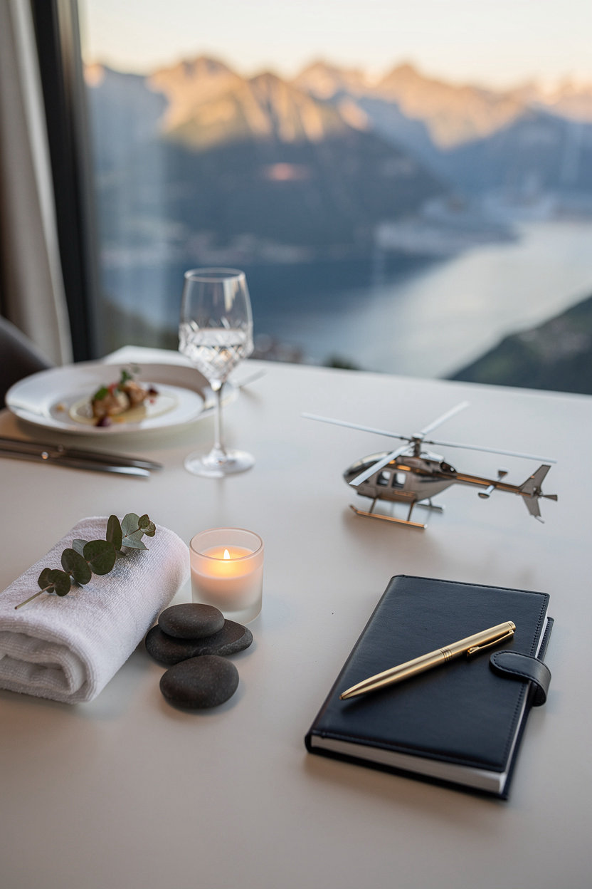 Le Grand Sommet signature amenities with golden-hour light on the peaks above Magadino, Ticino