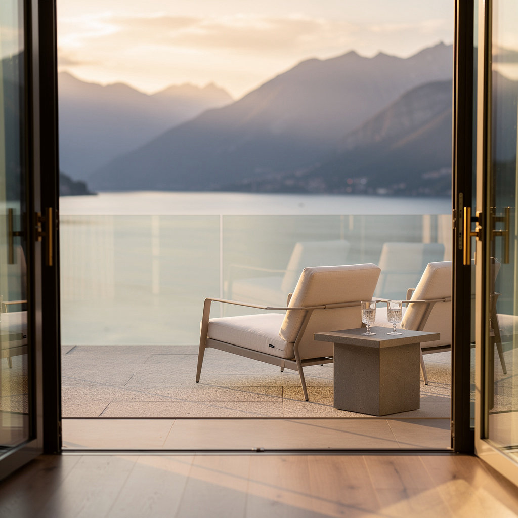 Le Grand Sommet suite terrace at golden hour, framing the lake and mountains above Magadino for a romantic luxury hotel stay
