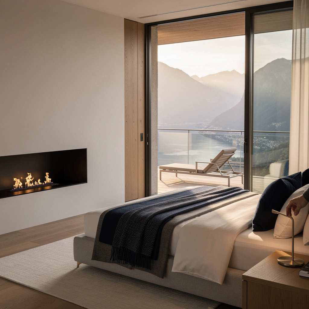 Le Grand Sommet luxury suite with panoramic window and mountain view in Magadino, Ticino