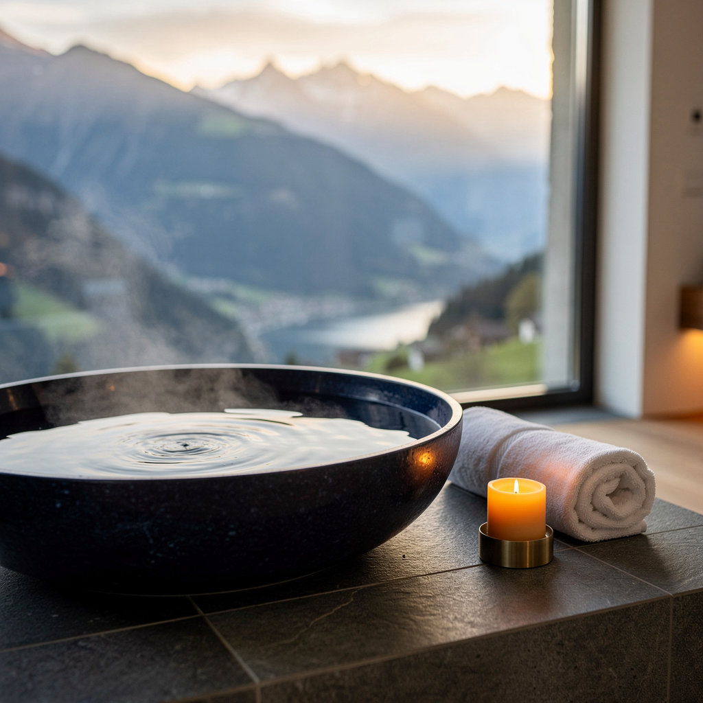 Le Grand Sommet spa in Magadino, Ticino, with soft natural light, stone and water textures and a view through a panoramic window