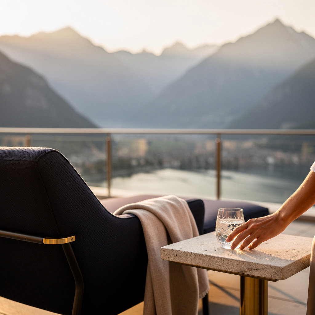 Le Grand Sommet luxury hotel in Magadino, Ticino, with panoramic mountain views at golden hour